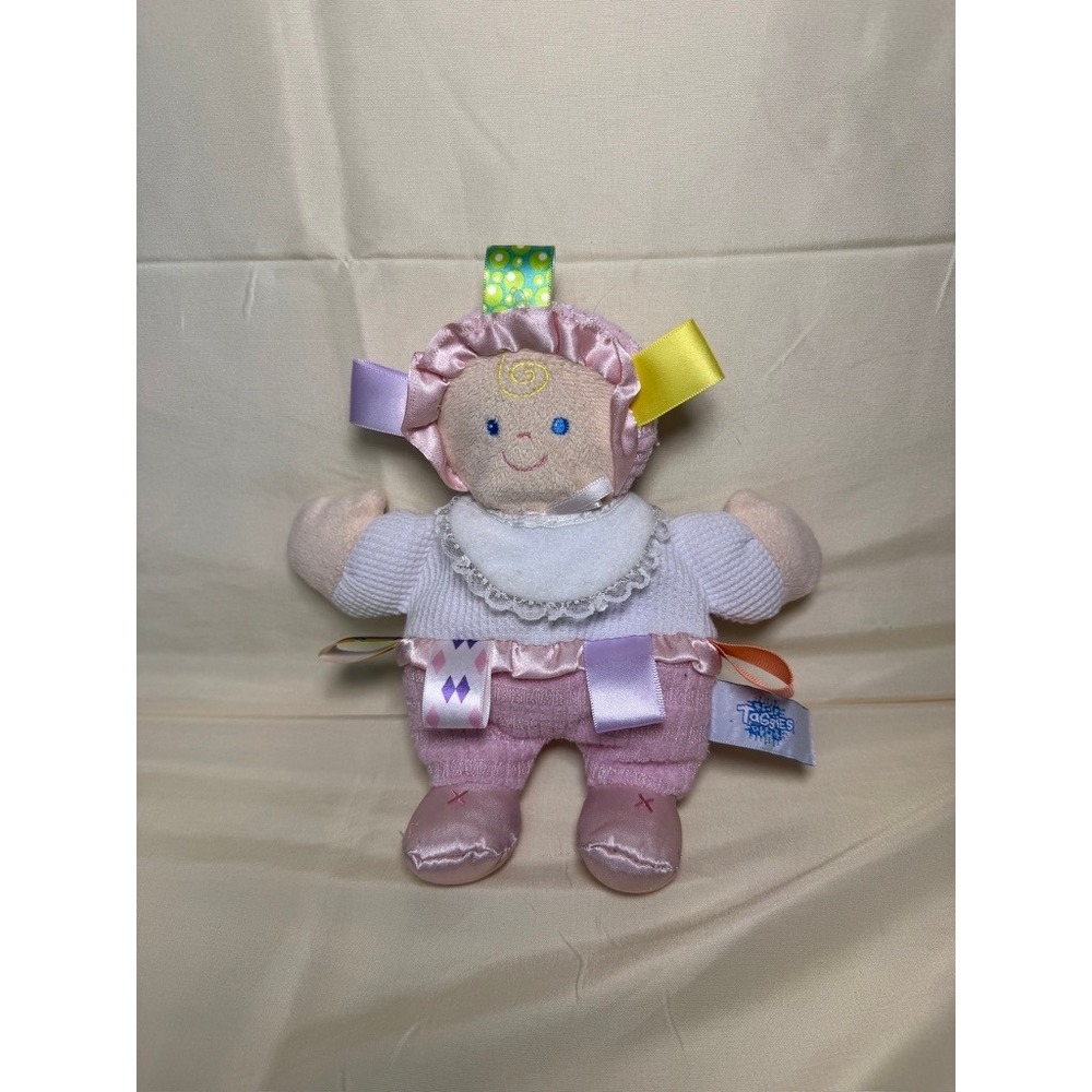 Taggies Baby Doll Plush Pink White Sensory Ribbon Tags Small GUC